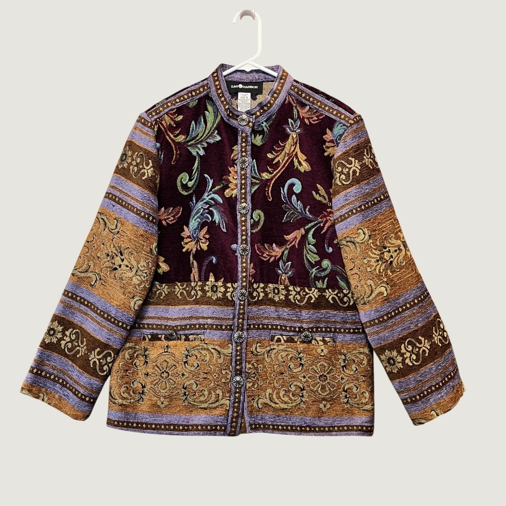 Tapestry Jacket Women 8 Artsy Academic Eclectic Mandarin Collar Boho Sag Harbor